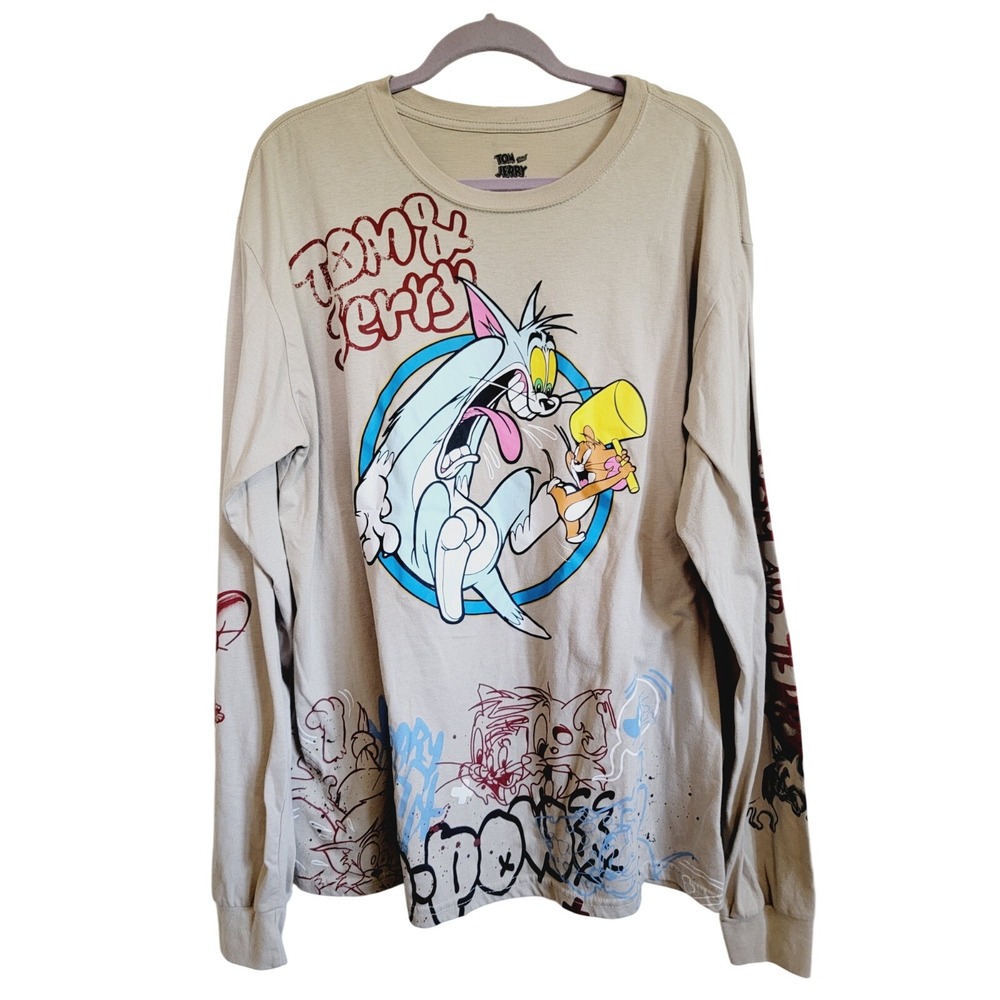 Tom and Jerry Mens 2XL Beige Long Sleeve Graphic T-Shirt Cartoon Graffiti - Picture 2 of 10